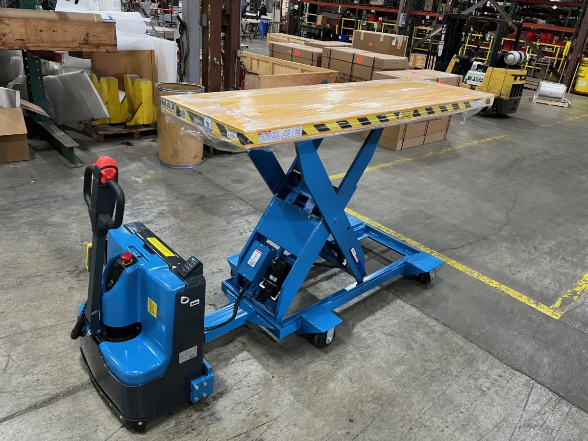 Pony Express 1052 motorized scissor lift cart on the factory floor