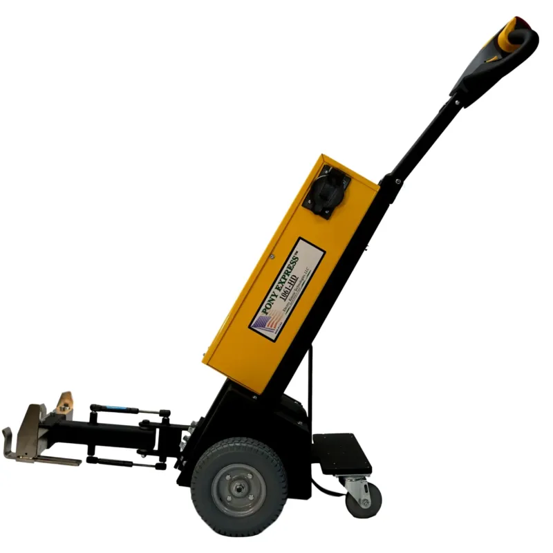 Pony Express 1061 series tugger, side view with the hitch arm extended
