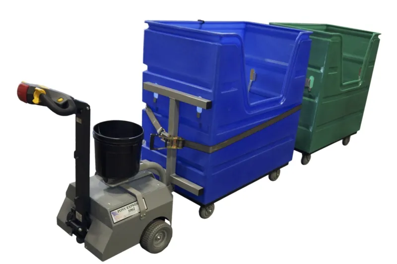 Pony Express 1062-LS tugger strapped to a blue bulk laundry bin with a green bin in tow