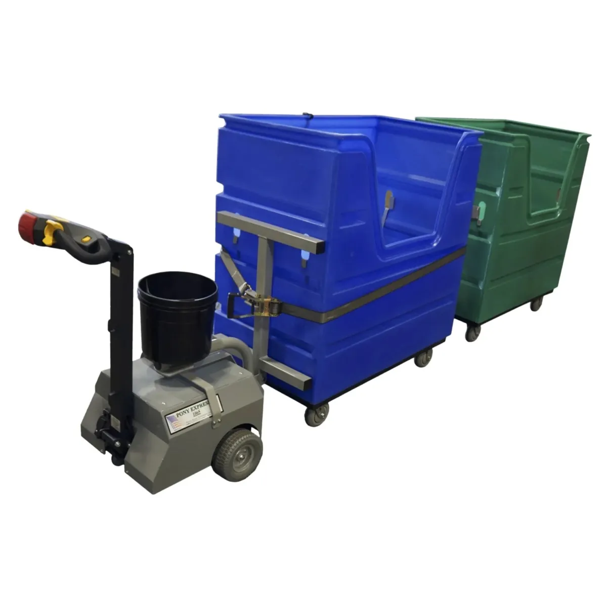 Pony Express 1065-LS laundry tugger towing a blue and a green bulk laundry bin