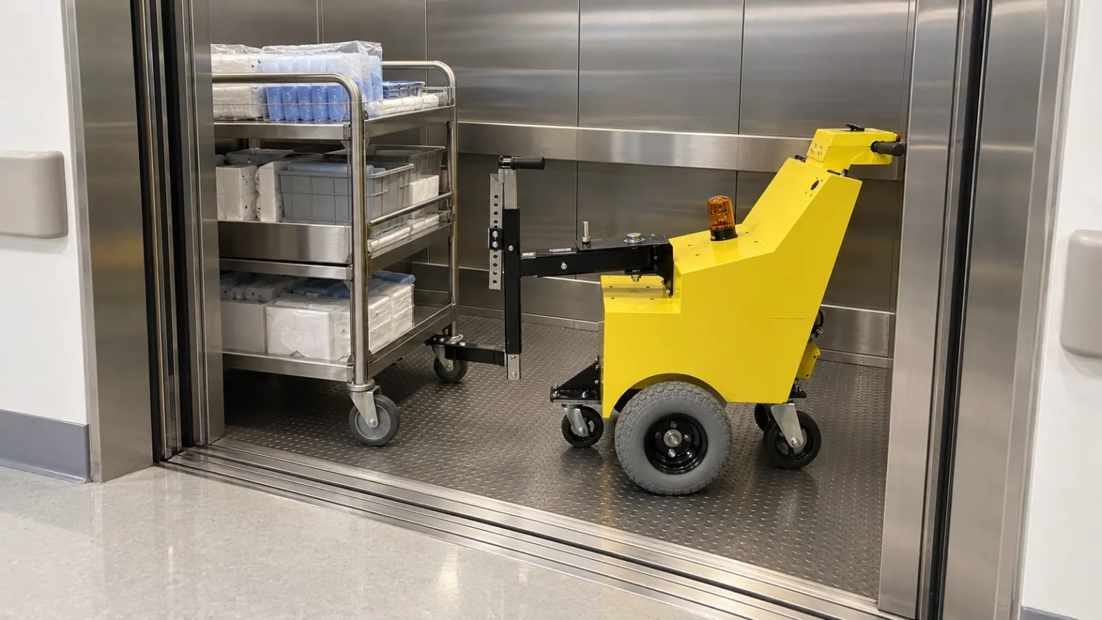 A CartCaddyShorty compact electric tug and the supply cart it tows fitting inside a hospital service elevator (illustration)