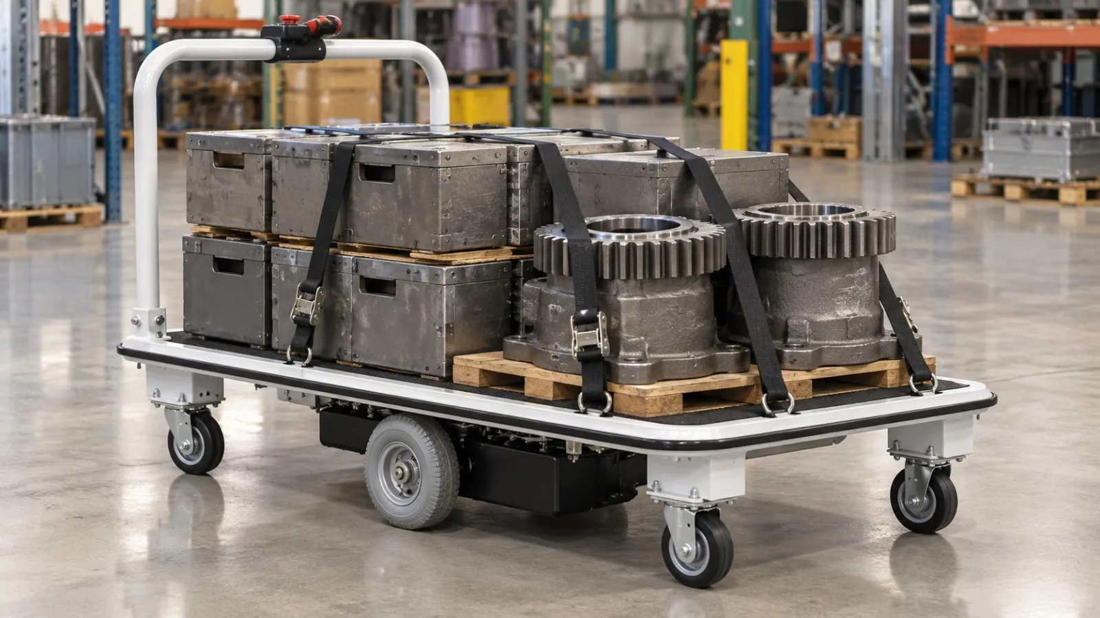 Pony Express 1031 motorized platform cart with strapped steel boxes and gear castings (illustration)